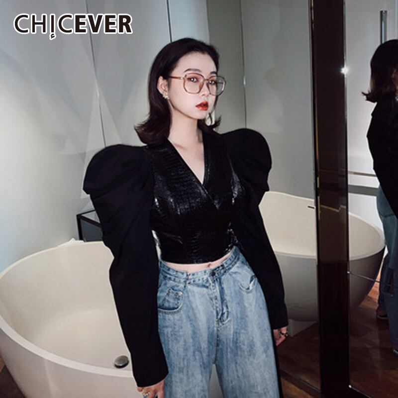 CHICEVERパッチワークPUシャツ女性Vネックパフ長袖スリムショートヴィンテージブラウス2021秋服タイド ロング オータム 秋物 ビンテージ 6base564236801176