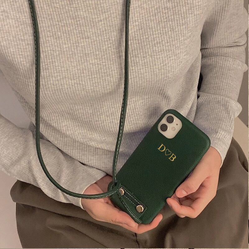 S3019 iPhone12 12proケースレザー風刺繍チェーンショルダー付