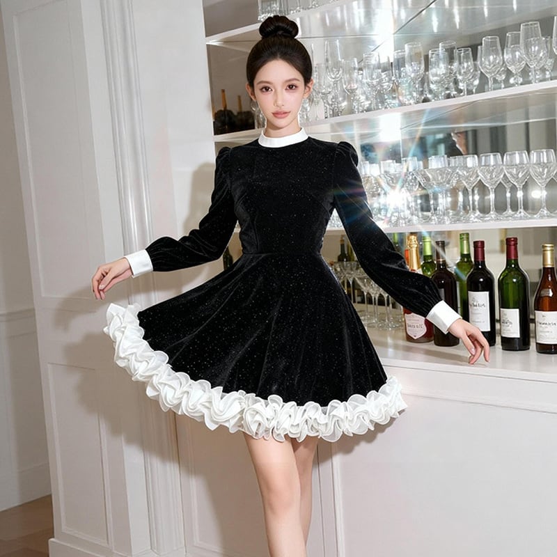 【dress】ギャザーフリルベルベットワンピース Q7573