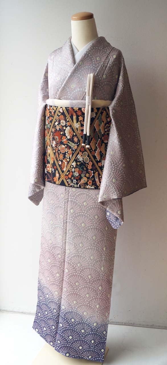 袷】紫色系暈かし 総絞り 青海波文 訪問着 | 大山キモノ・ちぇらうなぼるた