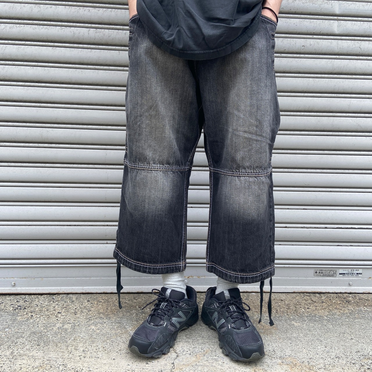 Meccaメッカ ブラックデニムクロップドパンツ ワイド W36 半端丈