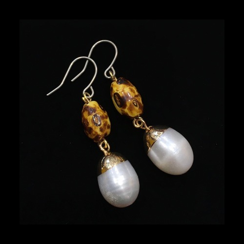 Tiger beads & oval pearl drop earrings
