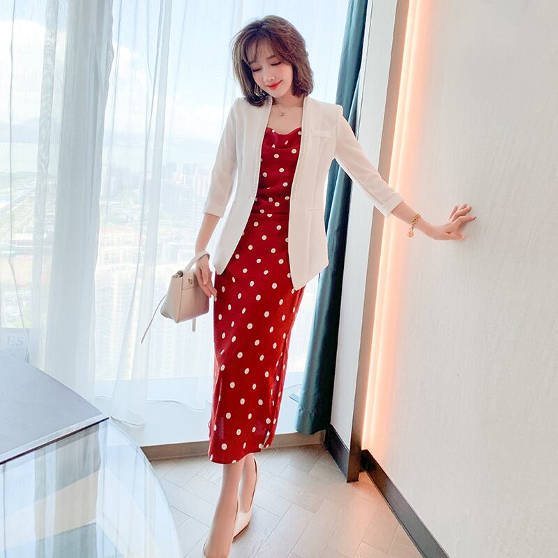 Vネックブレザー 水玉プリントドレス MIUCO57243301055