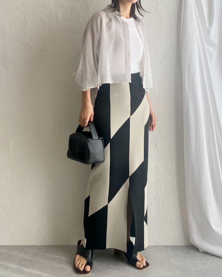 ◇即納◇幾何学ジャガード柄ハイウエストタイトニットロングナロー  