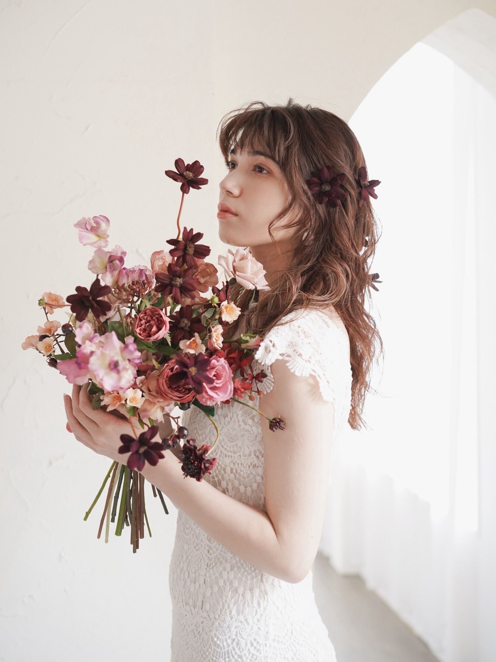 〈完成品販売ブーケ〉 Bordeaux pink artificial flower bouquet