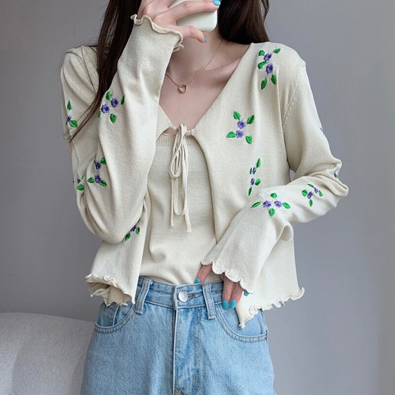 スタイルオータムフローラルニットショートVネックカーディガンジャケット 秋物 花柄 ハンチェンe50899233011