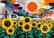 Sunburst City ひまわりと都市の共鳴｜自然とストリートが融合するポップアートポスター｜鮮やかな色彩で空間をアクティブに彩るA2ポスター