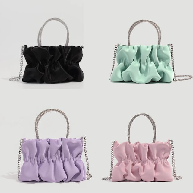 バッグ レディース ハンドバッグ チェーン プリーツ ラインストーン かわいい おしゃれ パーティ お出かけ お呼ばれ 結婚式 パープル/ピンク/グリーン/ブラック