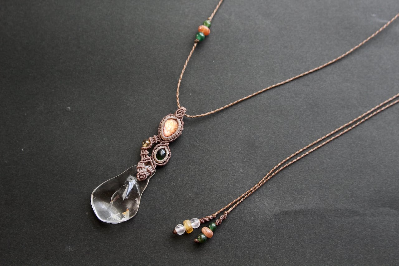 Healing crystal & Sunstone & Chrome Tourmaline micro macrame pendant