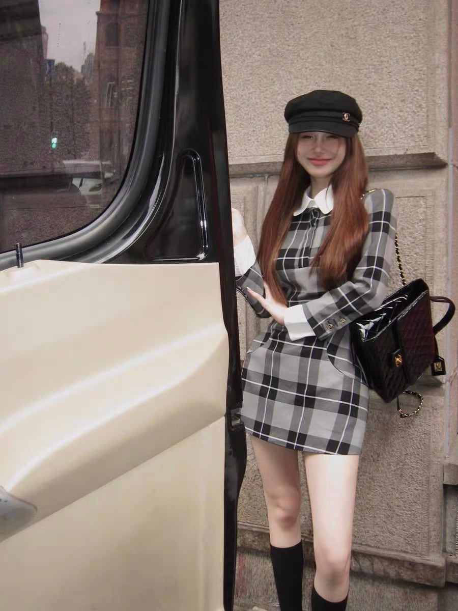 dress】襟付きチェック柄長袖ミニワンピース SJ1006 dress】襟付きチェック柄長袖ミニワンピース SJ1006