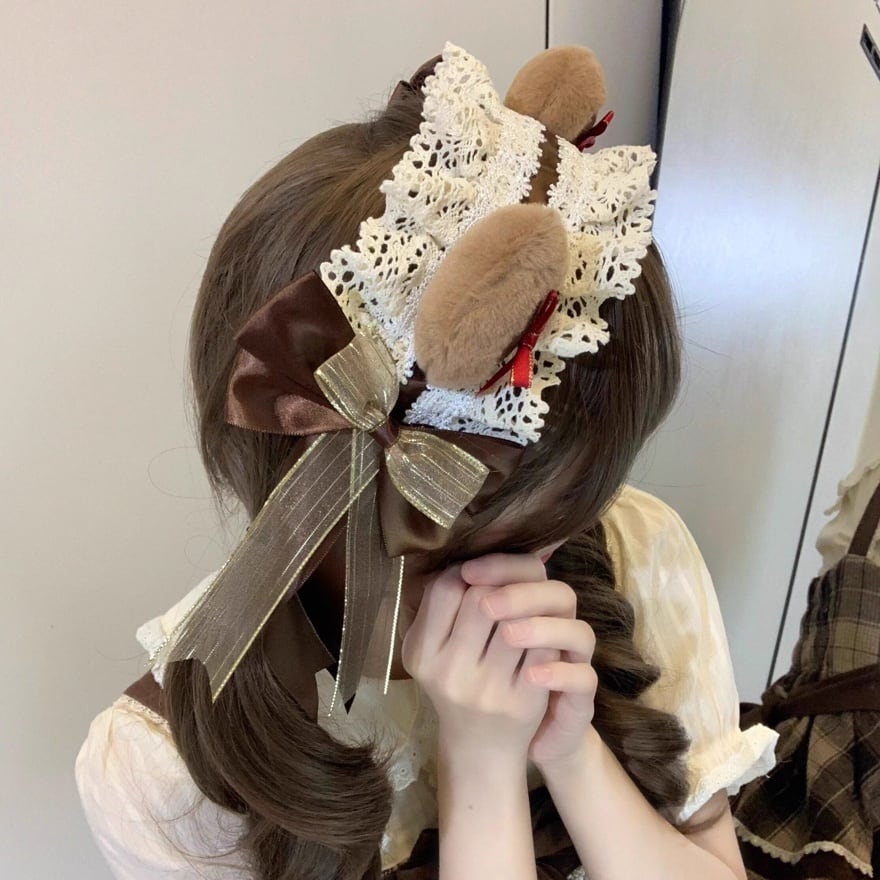 くま耳フリルヘッドドレス|リボン付 ふわふわ クマ耳 ロリータ 髪飾り