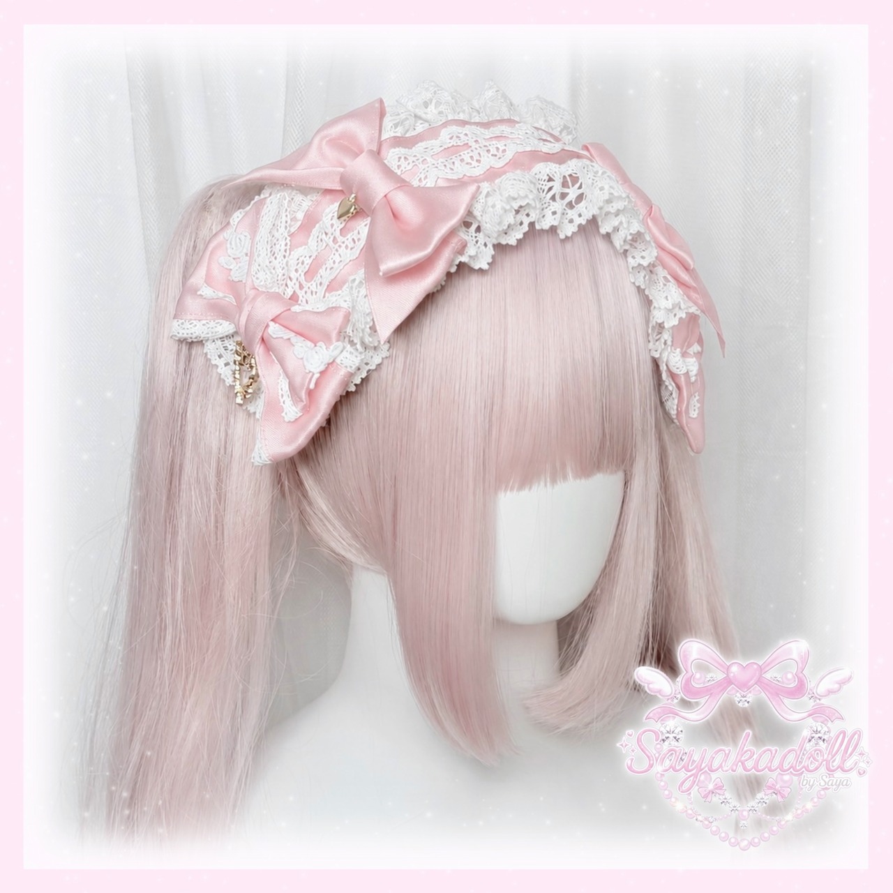 ♡【全9色】 クラシカルフリルレース ダブルリボンヘッドドレス light blue ♡