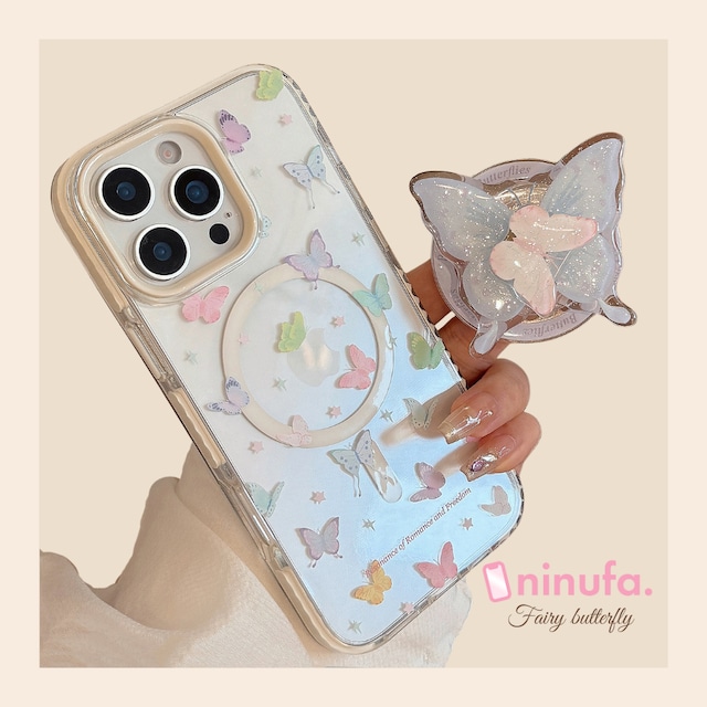 【MagSafe対応】うっとりするほど可愛い◎フェアリーバタフライ クリアケース まわるグリップ 韓国トレンド 蝶々 スマホケース  ND-16573【iPhone17-11まで対応】