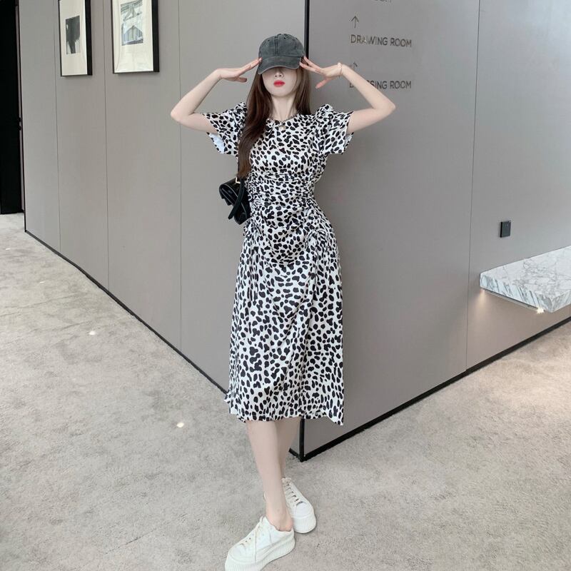 サマースタイルスタンダードレオパードプリント柄ドレス ギャザースリムロングスカート レトロ 夏物 ドラファッションホール32047142982