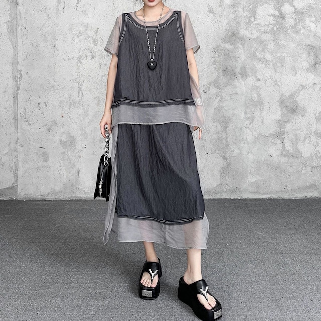 MESH LAYERED RELAXED TOP AND SKIRT SETUP M-17748