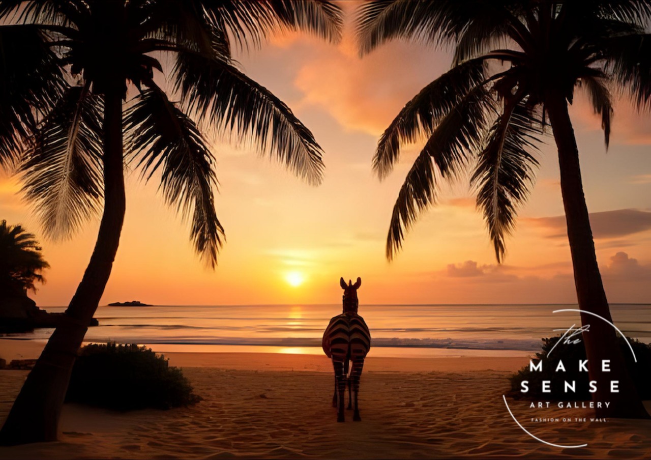 故郷を想うシマウマ｜夕焼けを見つめる癒しのシマウマアートポスター｜南国ビーチの物語を空間に添える一枚｜A4ポスター