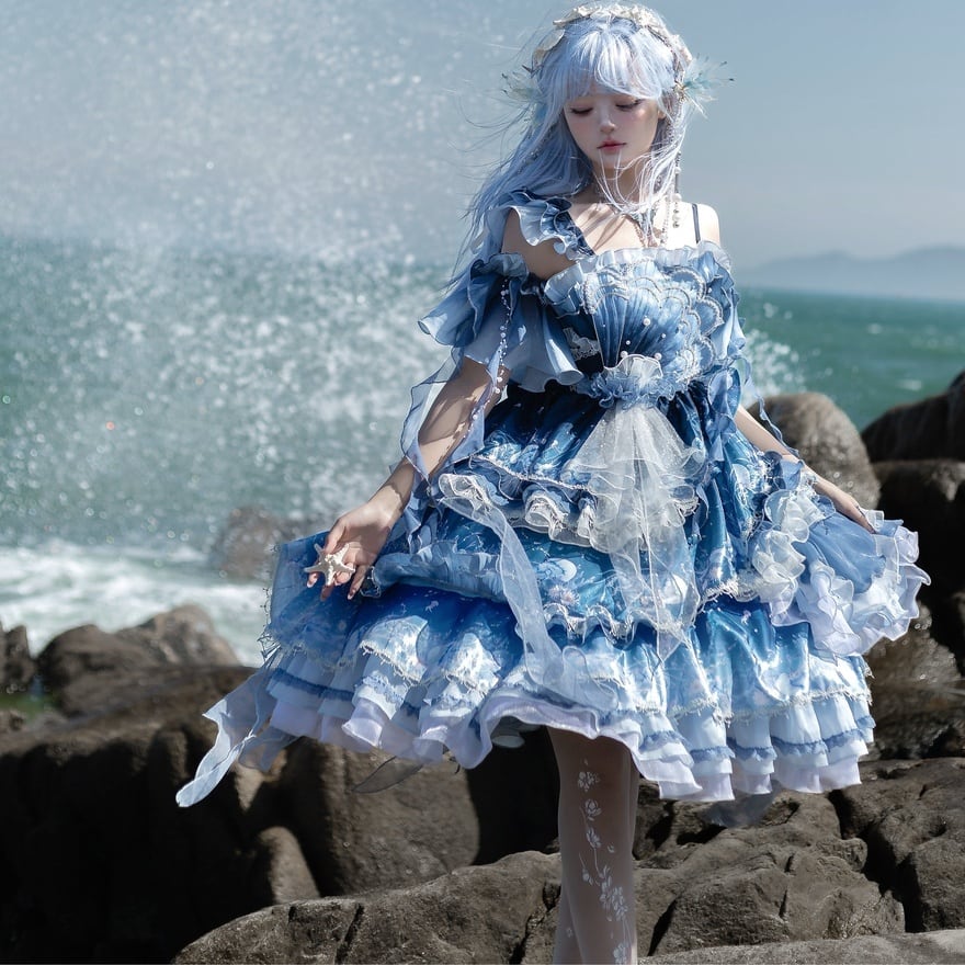 深海クラゲの蒼い舞踏会 幻想フリル甘ロリスリーブカバー | ロリータ