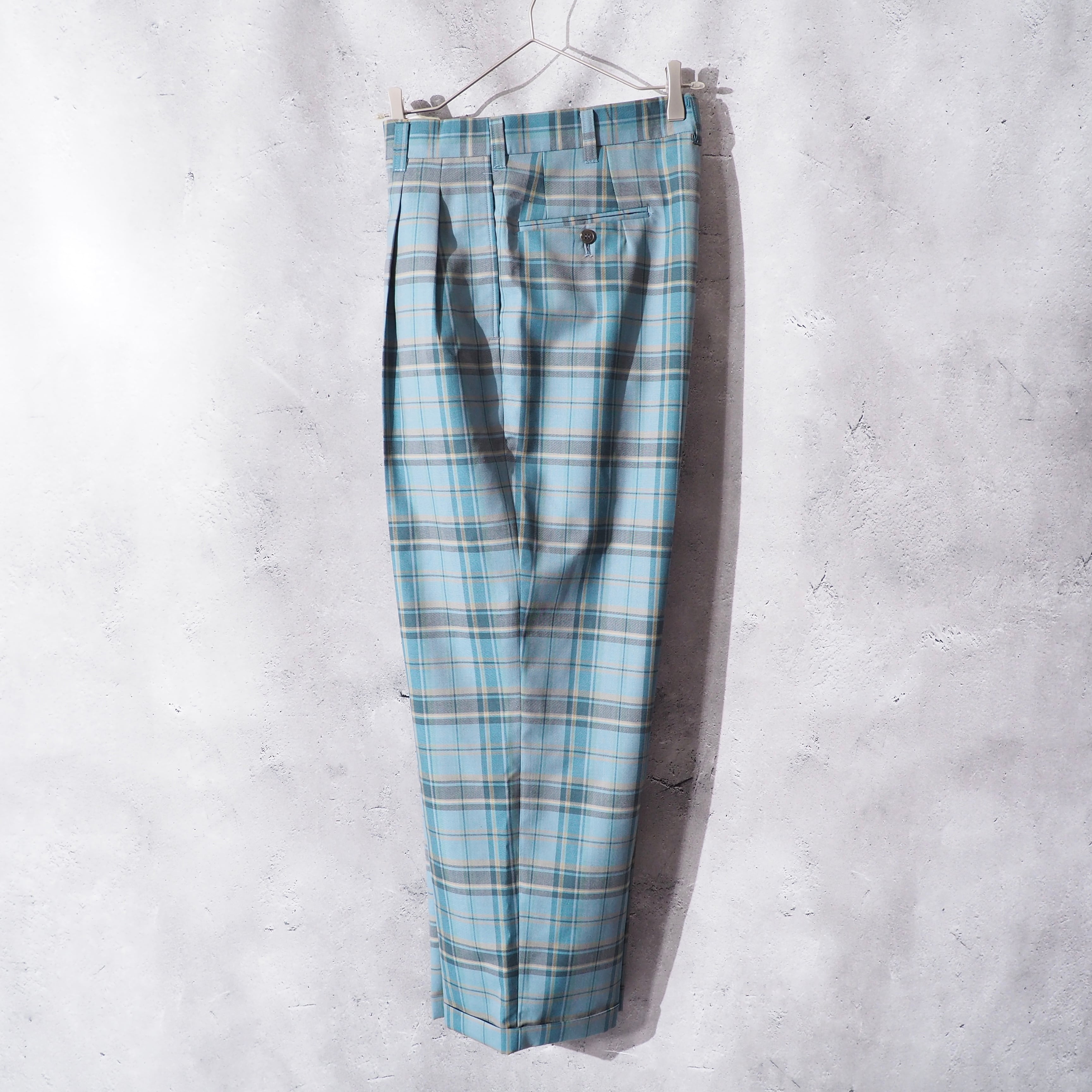1990s Beautiful Ice Blue Check Color Vintage Loose Wide Slacks Pants