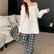 【2点セット】オフショルダーギャザートップス＋チェック柄パンツ ・72109