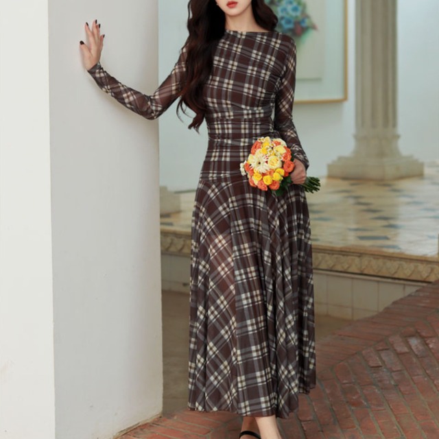 チェック チュール ロングワンピース W01