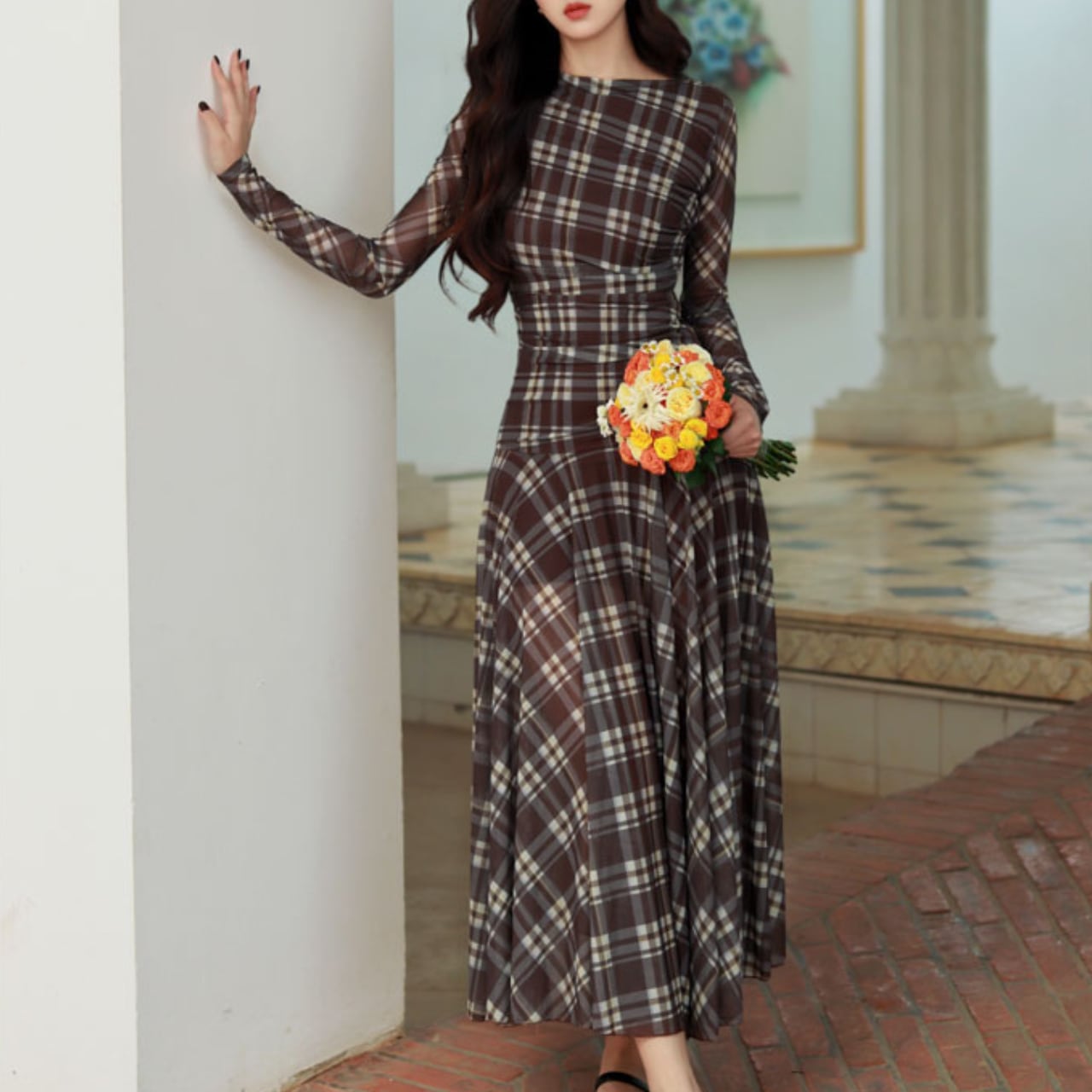 チェック チュール ロングワンピース W01