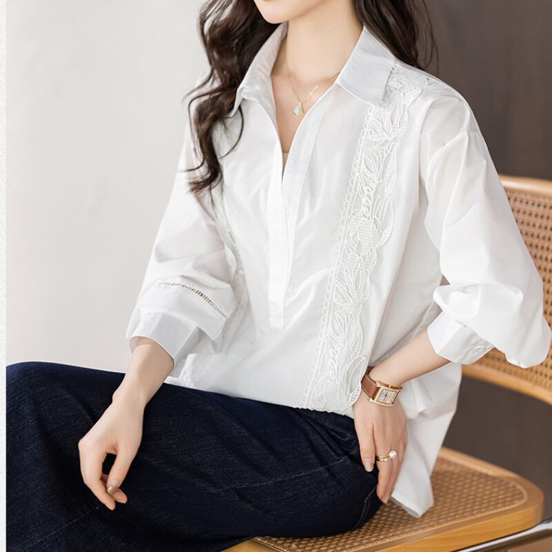 レース切替 バンドカラー ロングシャツ U0383