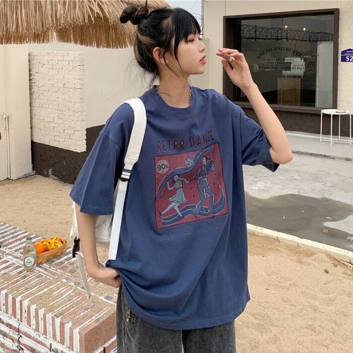 サマールーズプリントロングラウンドネックTシャツ コットン 夏物 Oネック ケッペル92089588476