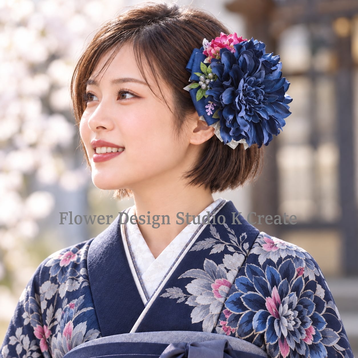 成人式・卒業袴・前撮り|大輪14cm ネイビーダリア髪飾り|フラダンス 発表会 ヘアクリップ