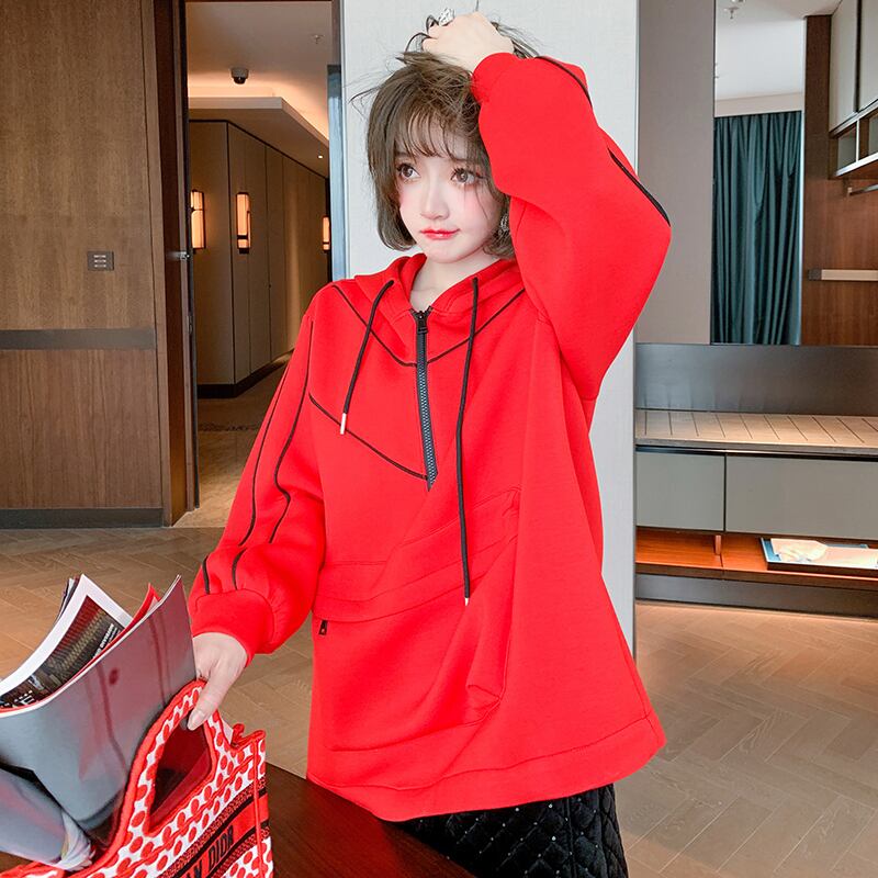 カラーストライプジッパーポケット刺繍ルーズフードセーター スプリング 春物 MIUCO71594550795