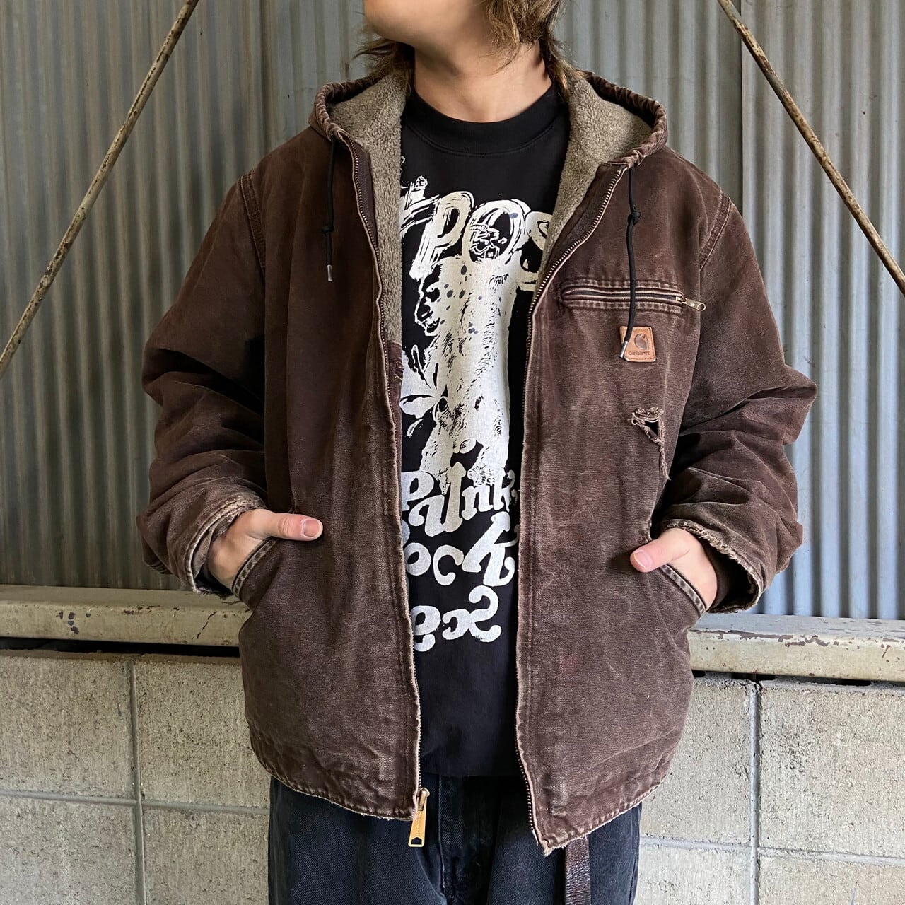 90s Carhartt ダックジャケット 裏地ボア フーディ ブラウン