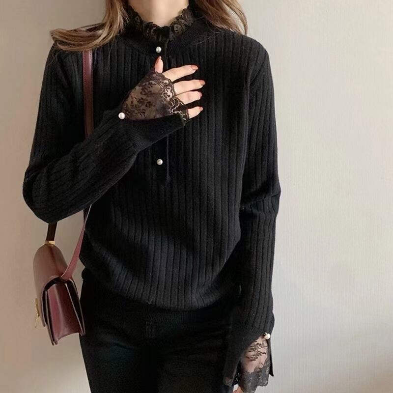 パールボタン　レース付きリブニット  AJ−12541-072