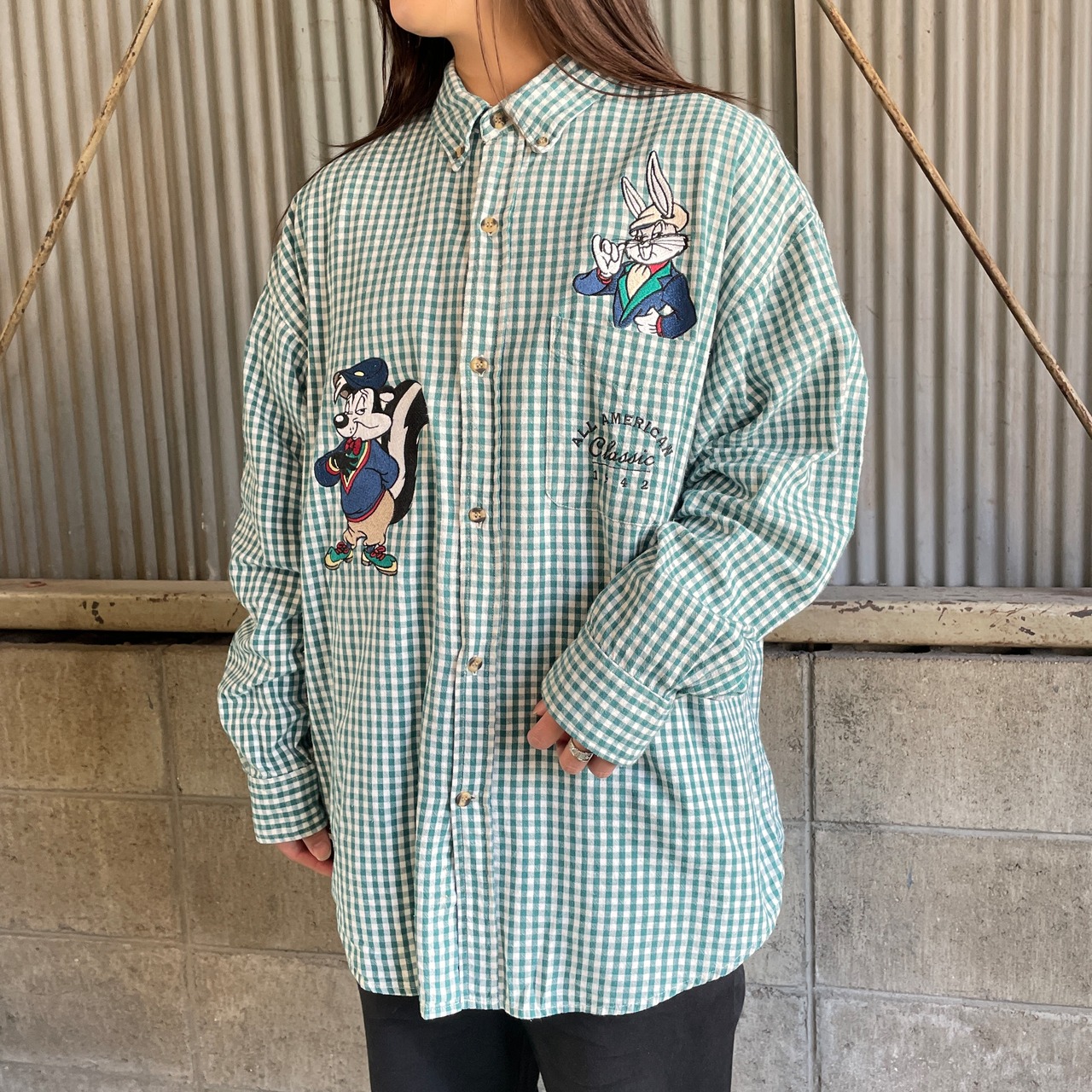 90年代 ルーニーテューンズ キャラクター刺繍 チェックシャツ メンズL 
