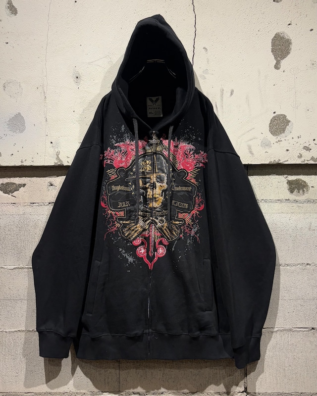 【Caka otto】“OLD AVIREX” Rhinestone × Gothic Design Loose Zip Up Hoodie