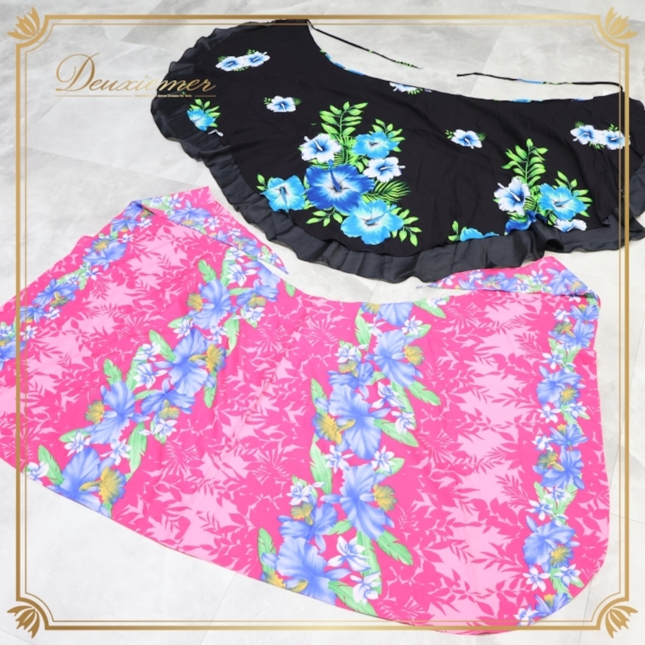 フラダンス 衣装 スカート まとめ売り 全2点 セット パレオ 黒 青 緑 タヒチアン 軽い 巻きスカート かわいい イチオク フラ ダンス 花柄 フラワー 華やか 練習 レッスン イベント タヒチアンダンス ブラック系 ピンク系 ブルー系 グリーン系