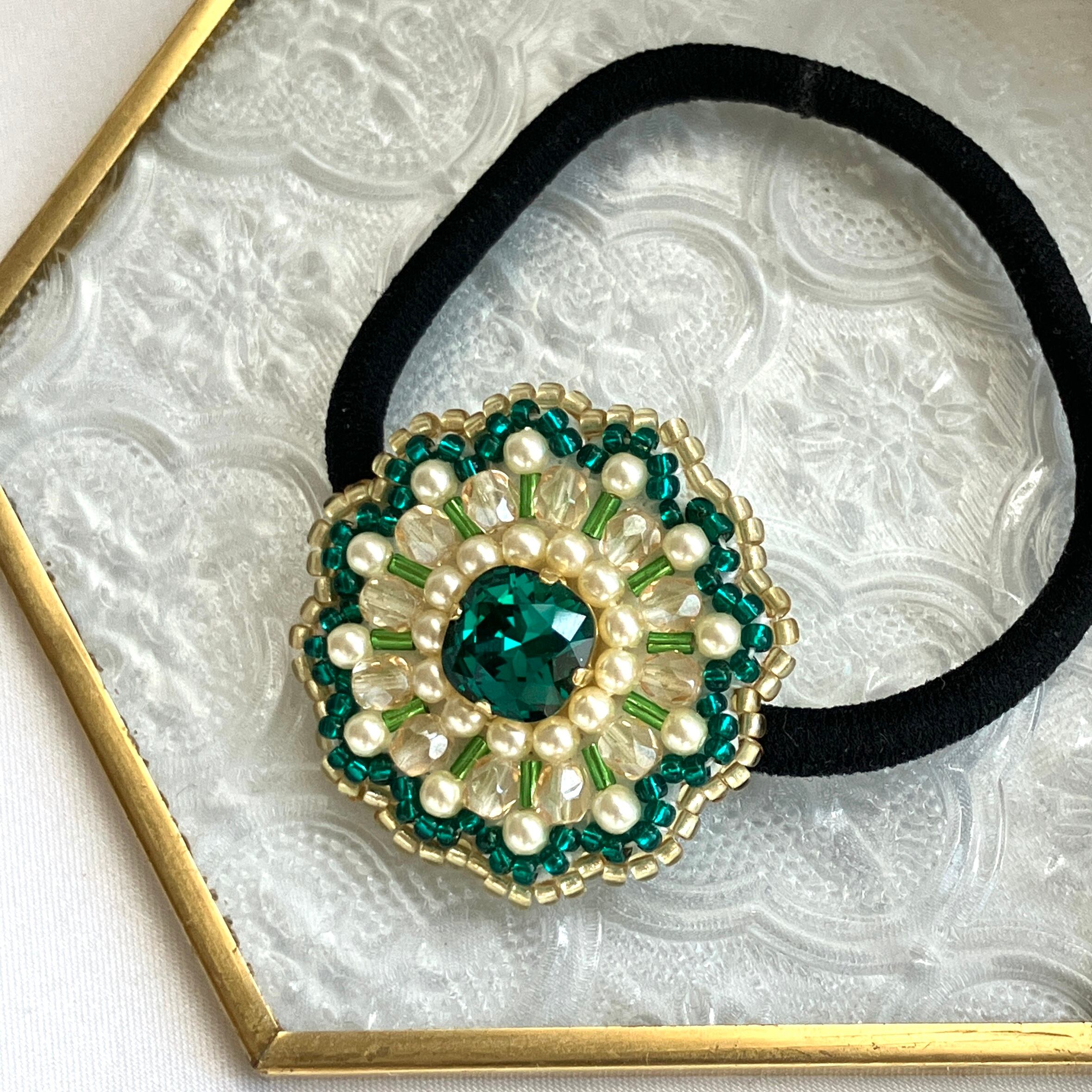 ブルーグリーン》ビーズ刺繍のヘアゴム | PAY ID