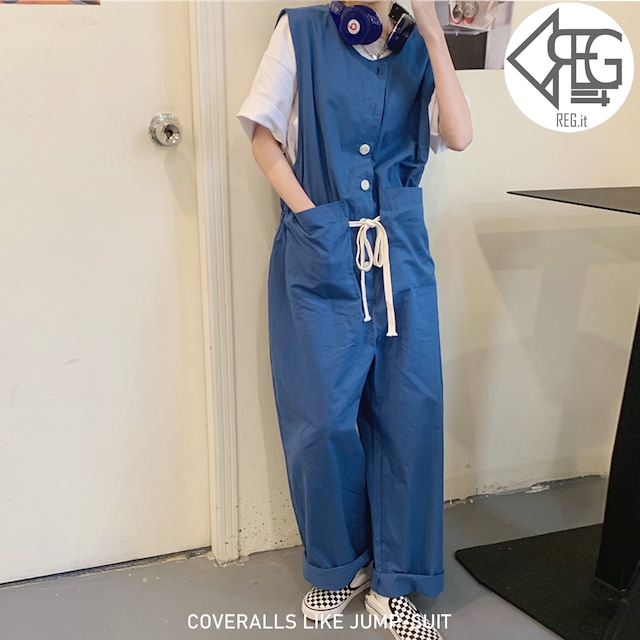 【REGIT】COVERALLS LIKE JUMP SUIT-BLUE S/S 韓国ファッション オールインワン オーバーオール つなぎ メンズライク ストリート系 個性的 10代 20代 プチプラ 着回し 着映え ネット通販 TAJ005