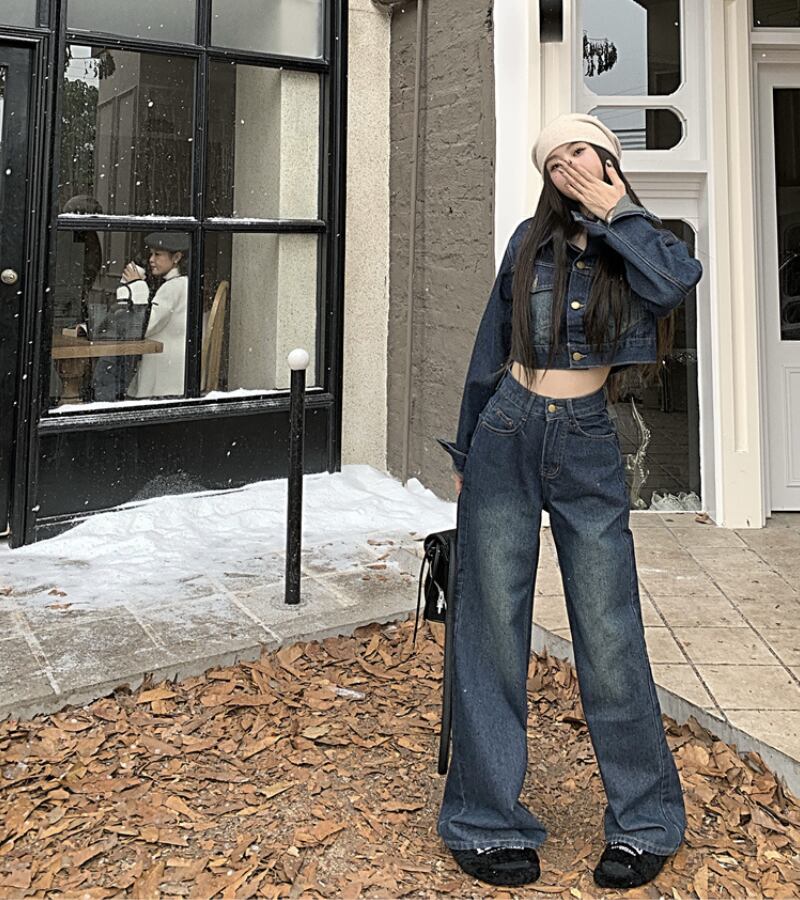 送料0円美品デニムセットアップ クロップド丈 ワイドパンツ その他