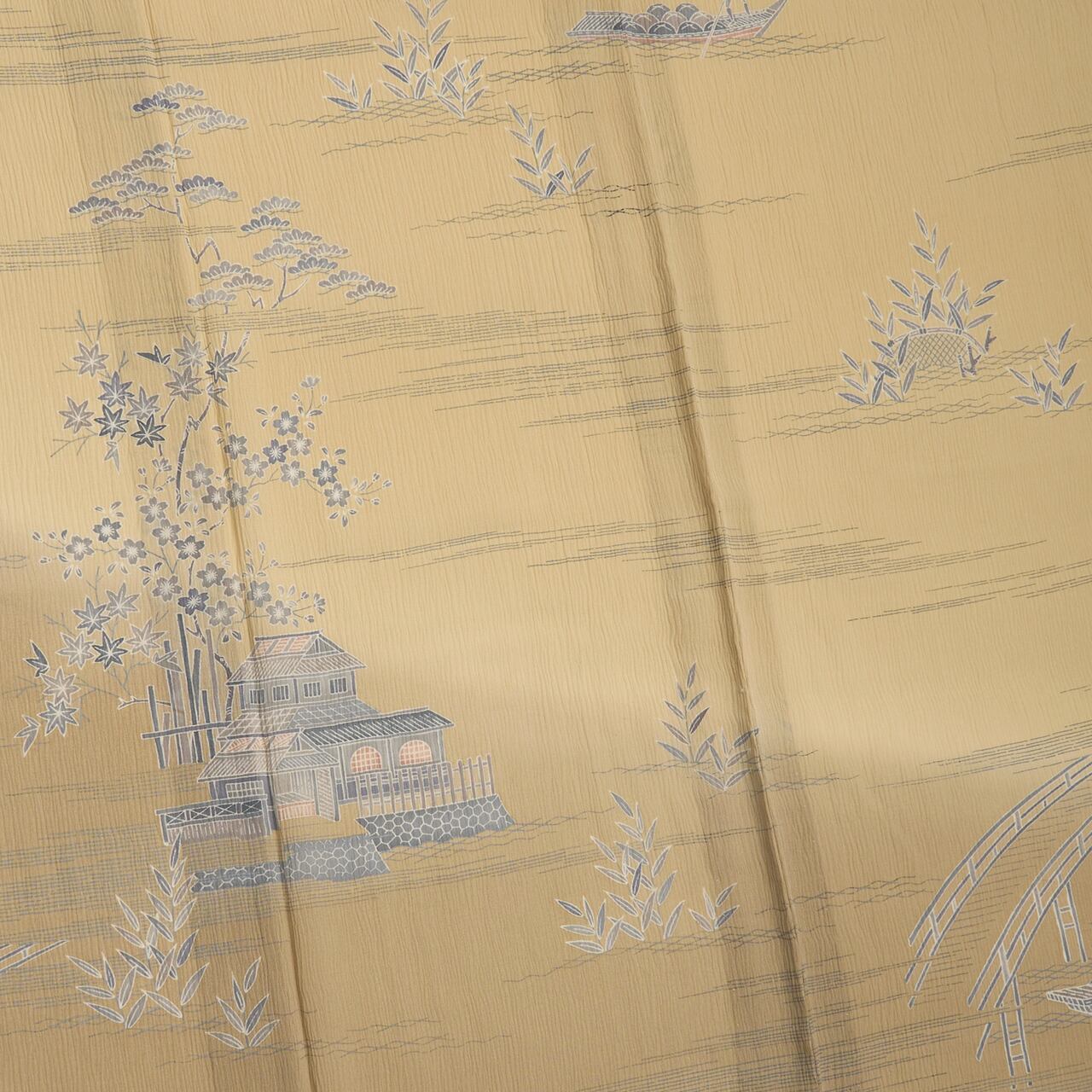茶屋辻模様 手描友禅 絹ちぢみ単衣着物【中古】 | かわの屋