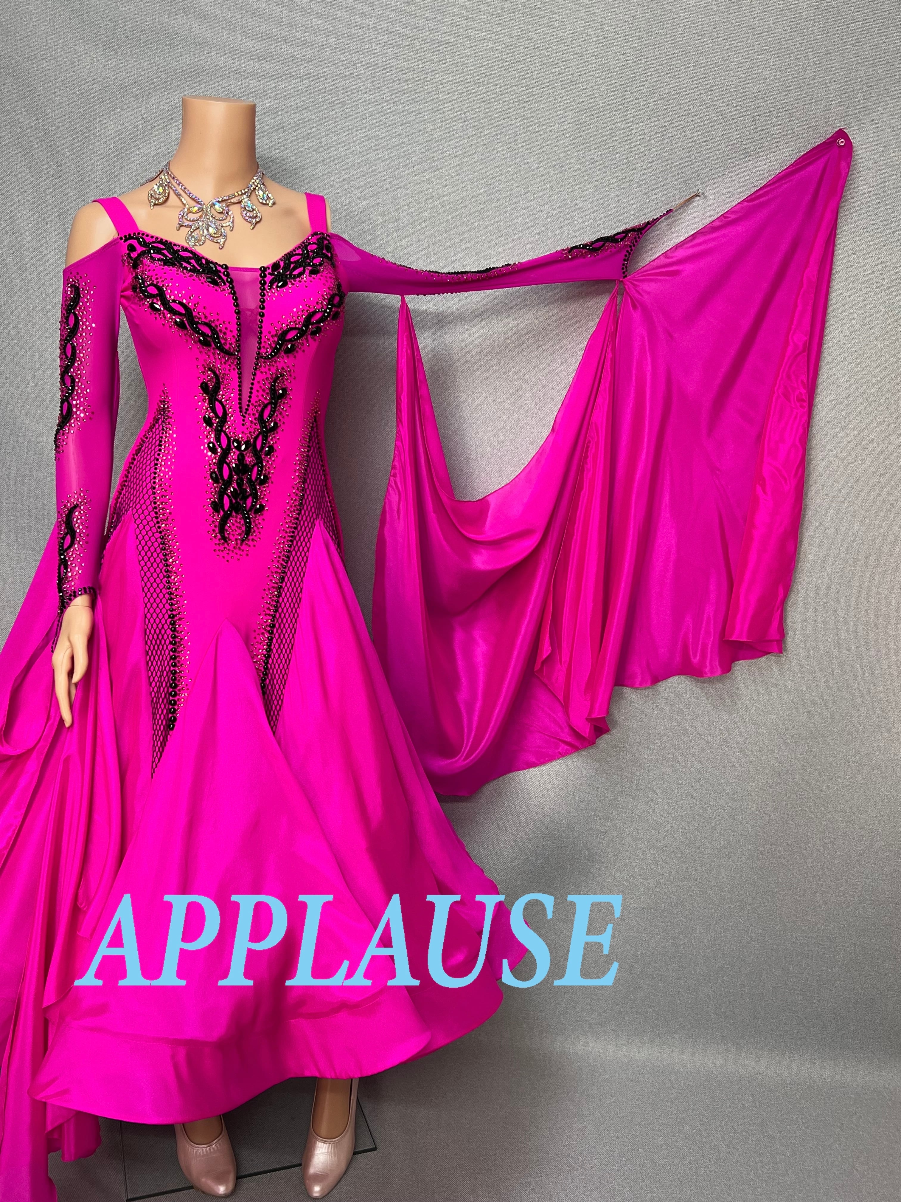 【新着】社交ダンス ドレス　モダン　スタンダード ドレス　ST-26-１　フューシャピンク　M〜L　デモ・競技用ドレス　発表会　衣装　パーティドレス　ワンピース　舞台衣装