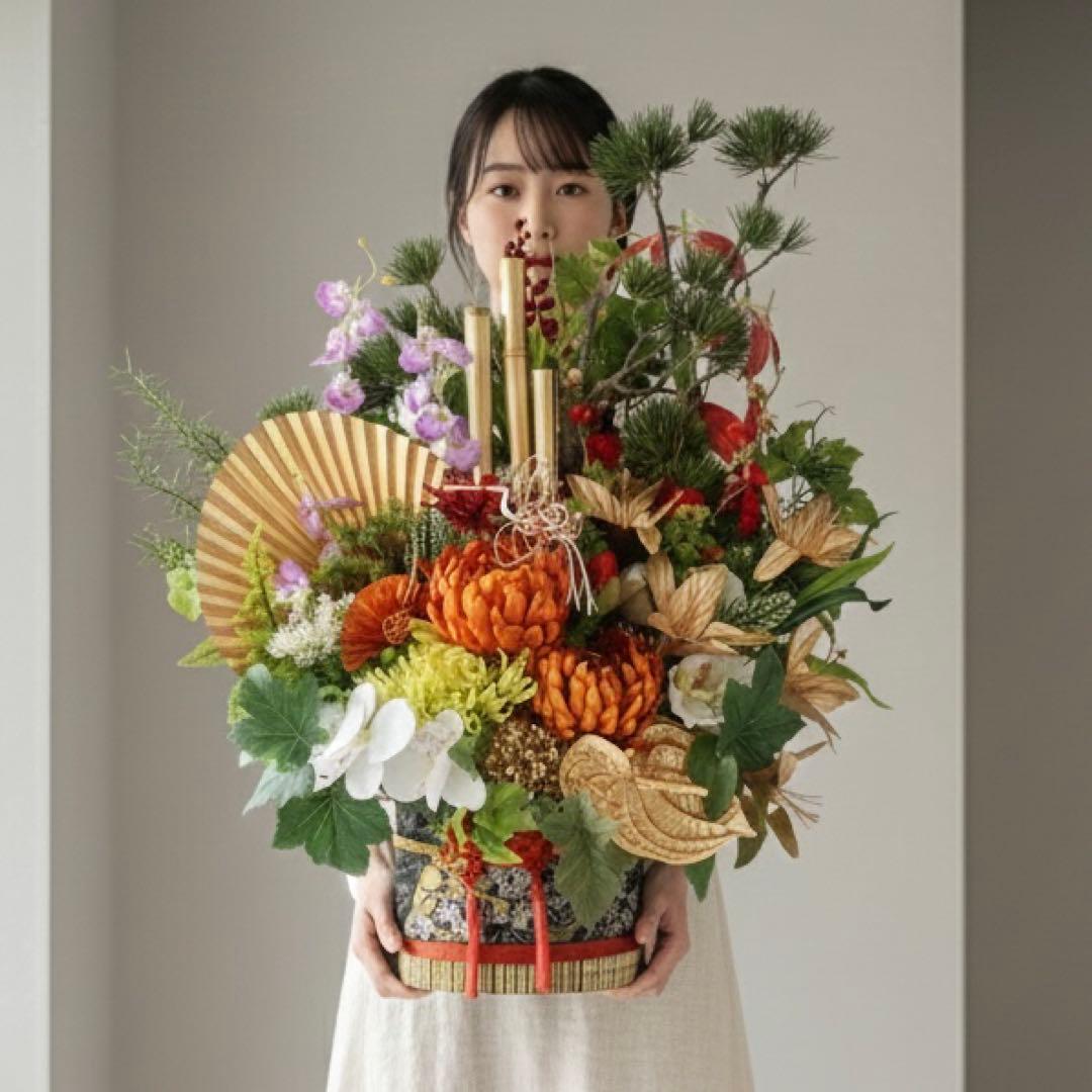 特大サイズ 正月アレンジメント】 扇と松が描く迎春の華｜和モダン