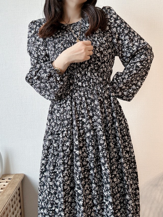 【予約販売】shirring flower onepiece (BLACK)