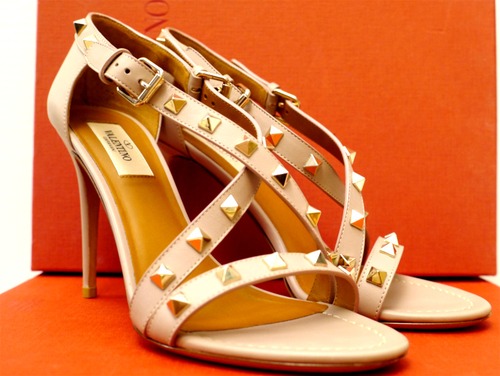 美品★VALENTINO GARAVANI ヴァレンティノ ロックスタッズ レザー ストラップ ヒール サンダル パンプス 37★ ロックスタッズの定番モデル