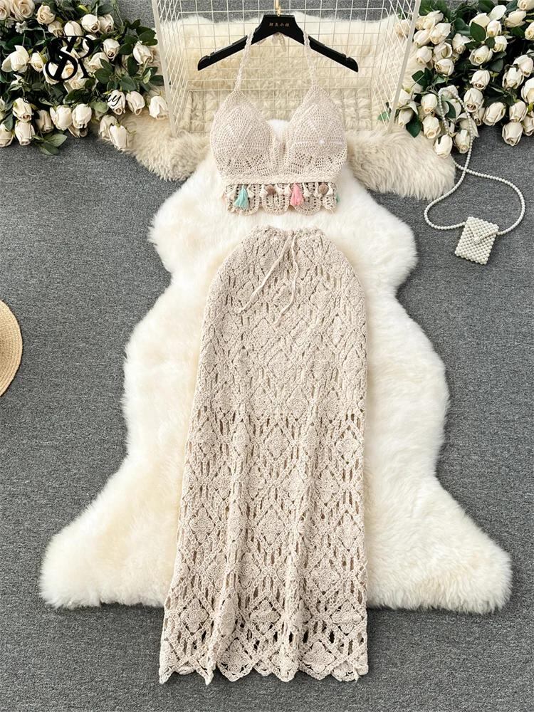 Sing補強-女性のためのノースリーブニットセット、セクシーなキャミス、女性の背中の開いたスーツ、フックの花のレトロなスカート、ボヘミアンスタイル、y2k休暇_465