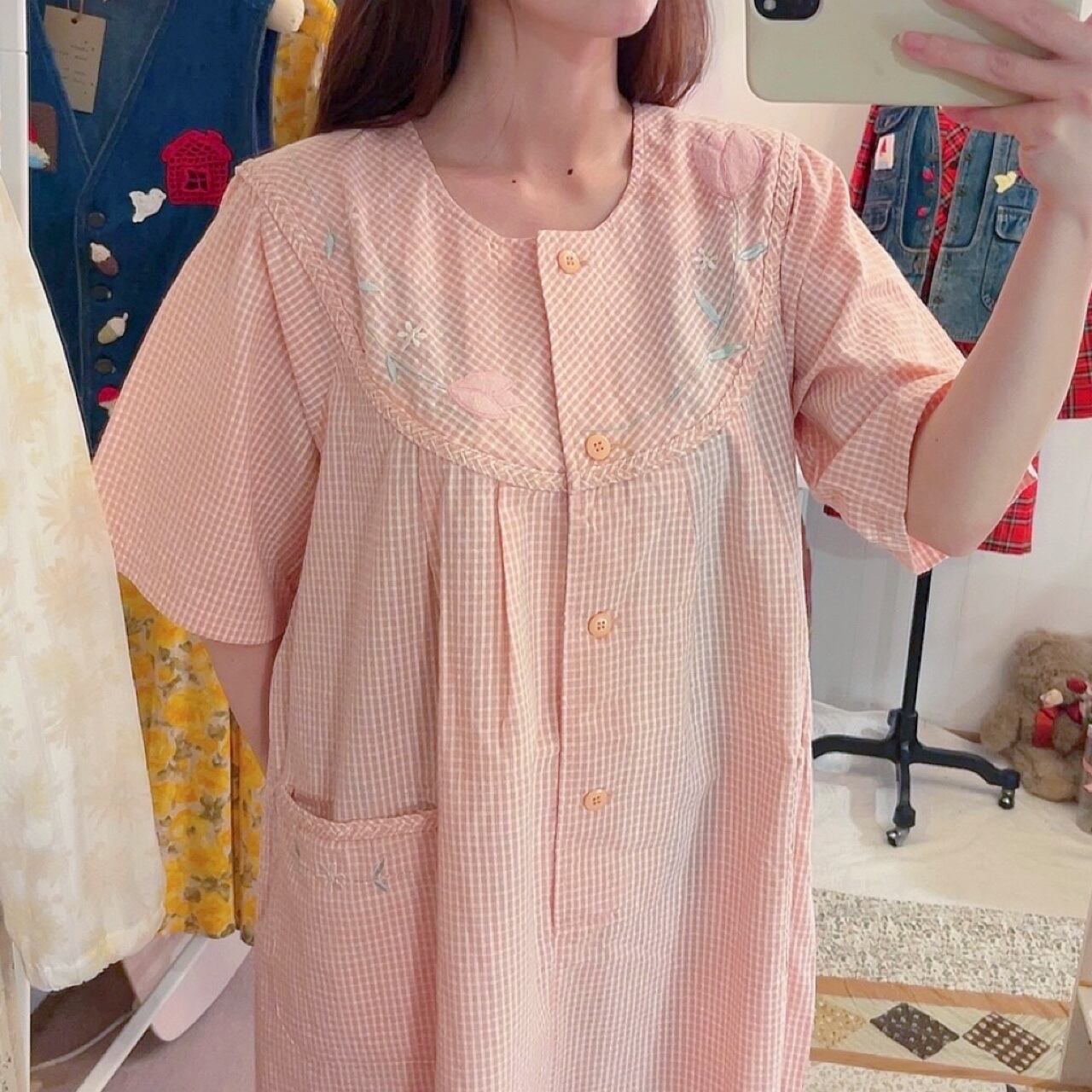 orange gingham check flower one-piece