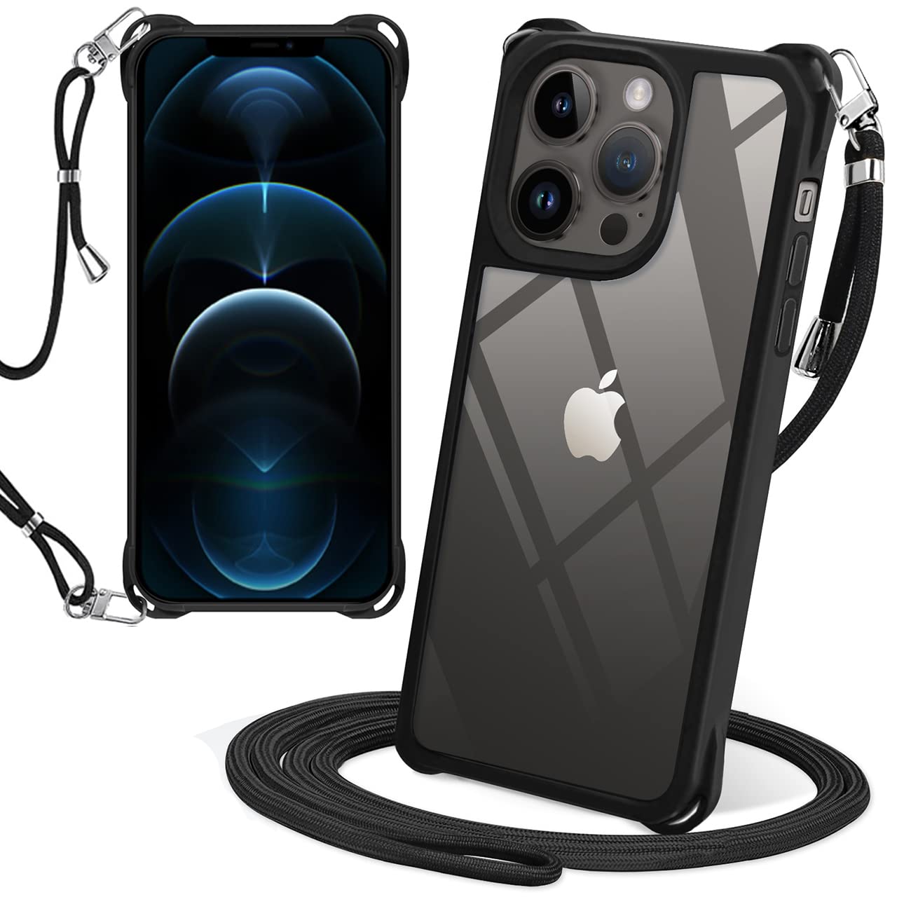 Loodoomo iPhone12 Pro Max 用の ケース ショルダー クリア ストラップ付き スマホケース 肩掛け(ブラック)