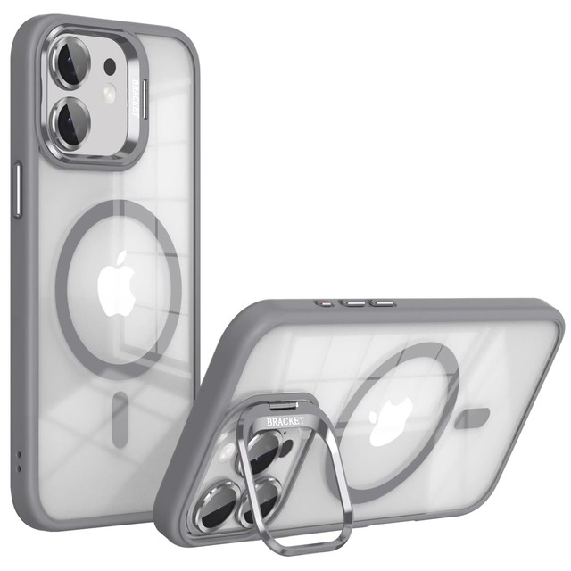 [YUYIB] スマホケース 対応 iPhone 18 Pro クリアケース MagSafe対応 スタンド機能 クリア 透明 レンズフィルム付き ワイヤレス対応 PC背面+TPUバンパー 耐衝撃 ブランド スリム ストラップホール付き アイフォン18プロ 携帯電話かばー (グレー, 18Pro)