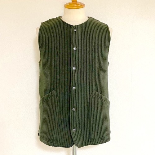 「尾州」Stripe Quilt No-Collar Snap Vest　Olive