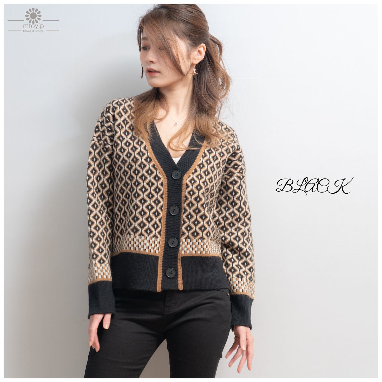 幾何学柄 ジャガードカーディガン レディース 配色ダイス柄 ニット