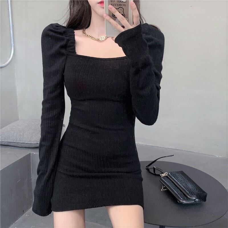 タイトな 女っぽ シルエット リブ ニット ワンピース ミニ丈 スクエアネック パフスリーブ スタイルアップ セクシー 大人女子 Lamitte Deco トレンド 韓国ファッション ショップ Base店