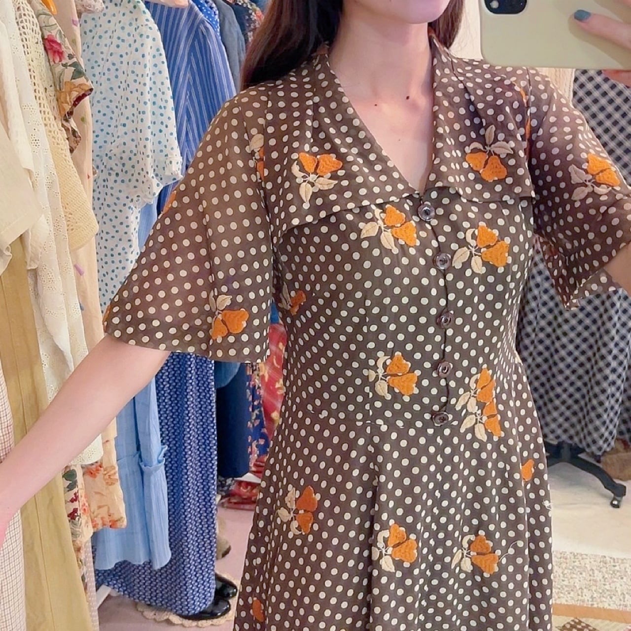 fruit embroidery brown dot one-piece